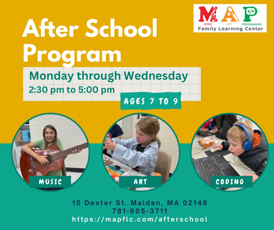 A digital flier that says "After School Program." Underneath it says "Monday through Wednesday 2:30 to 5:30pm. At the bottom, an image of three kids doing music, art, and programming respectively.