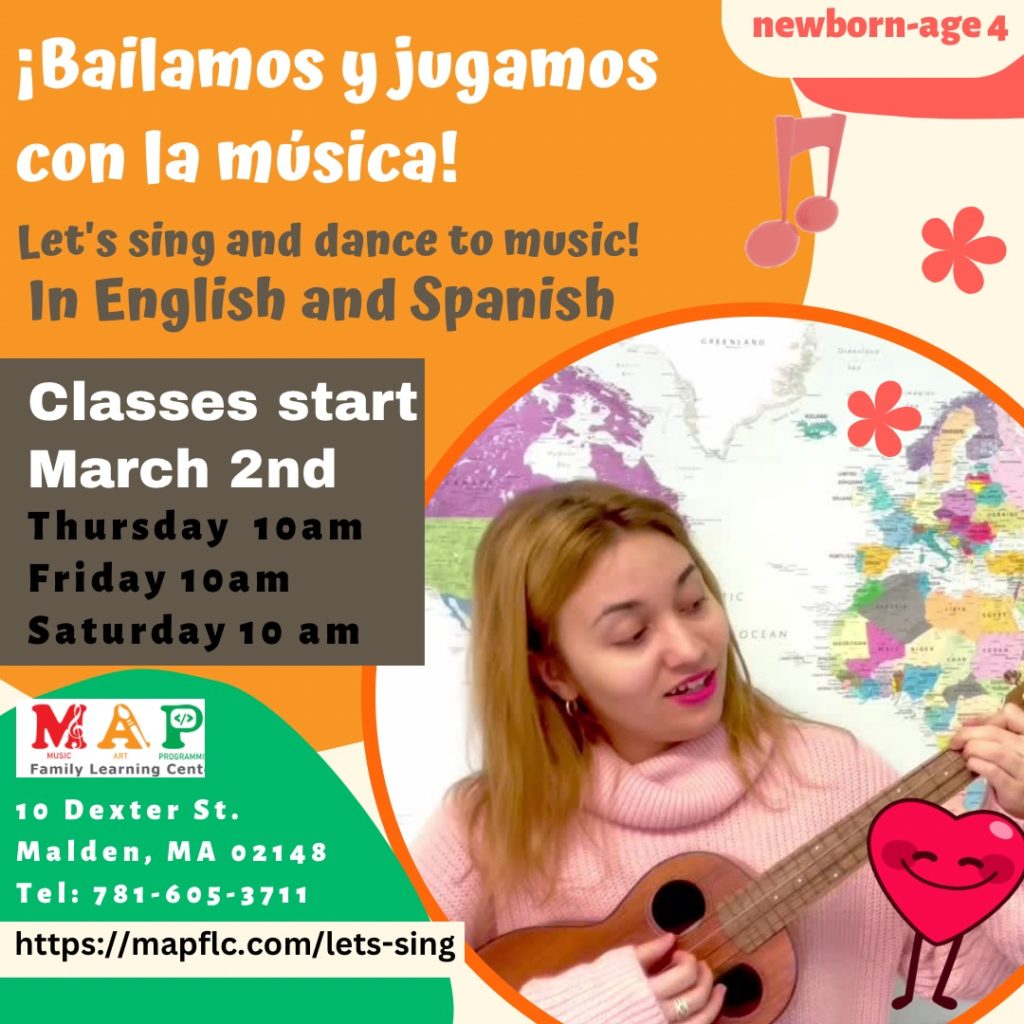 Image of a digital flier that says Let's sing together (Bailamos y Jugamos con la Música!) Underneath it says, "Classes start March 2nd." At lower-right is an image of a woman playing ukulele in front of a heart graphic.