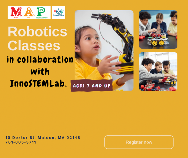 A flier that says: "Robotics classes" in collaboration with InnoSTEMLab. Ages 7 and up.