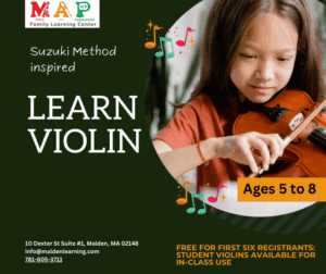 A flyer that says "Learn violin" with an image of a child playing violin.